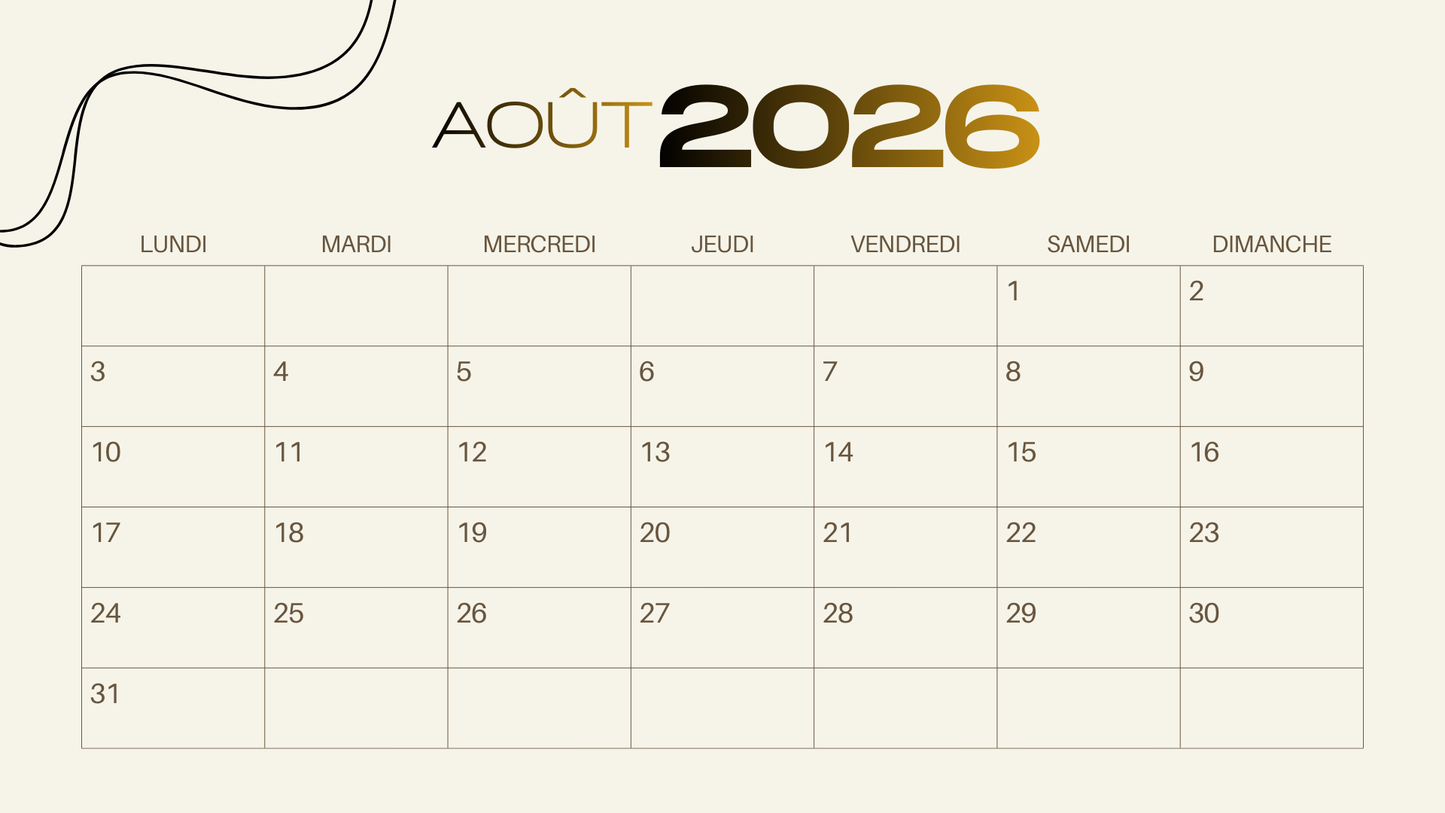 Calendrier 2026 Luxe Or – Élégance, Sérénité & Organisation