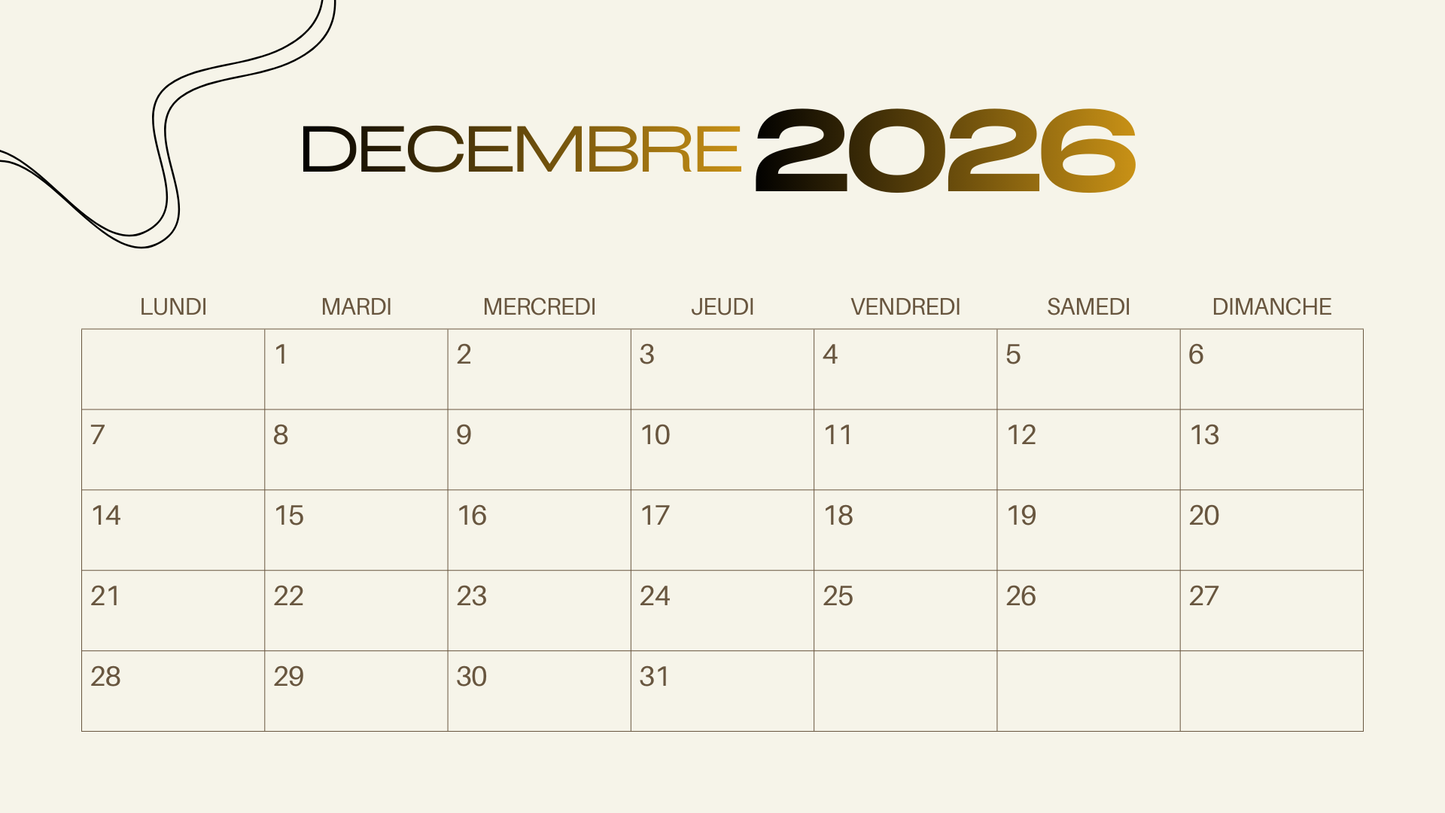Calendrier 2026 Luxe Or – Élégance, Sérénité & Organisation