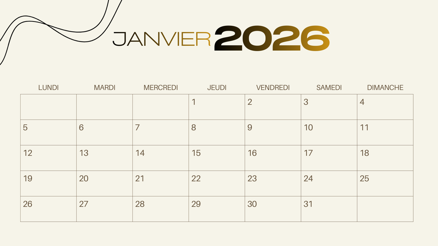 Calendrier 2026 Luxe Or – Élégance, Sérénité & Organisation