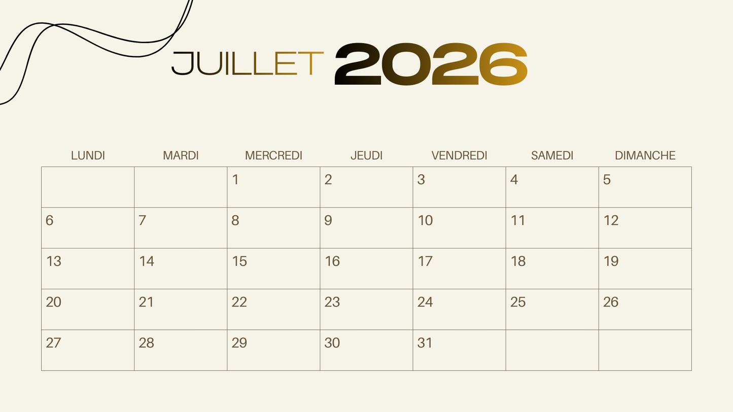 Calendrier 2026 Luxe Or – Élégance, Sérénité & Organisation