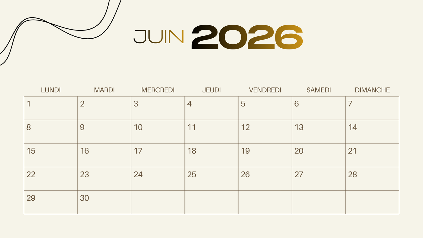 Calendrier 2026 Luxe Or – Élégance, Sérénité & Organisation