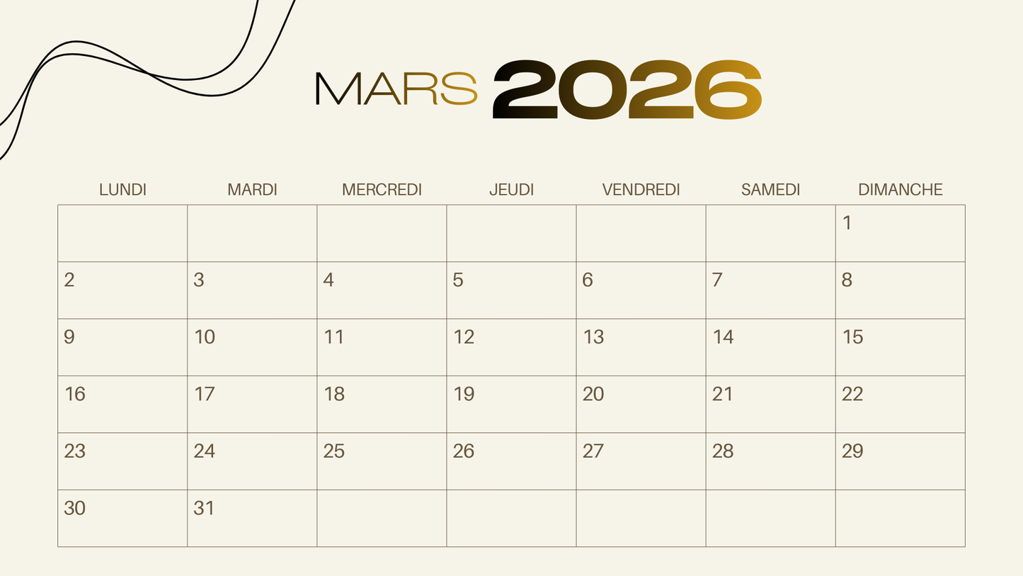 Calendrier 2026 Luxe Or – Élégance, Sérénité & Organisation