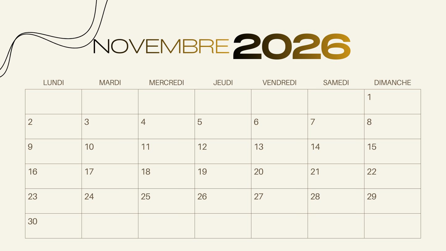 Calendrier 2026 Luxe Or – Élégance, Sérénité & Organisation