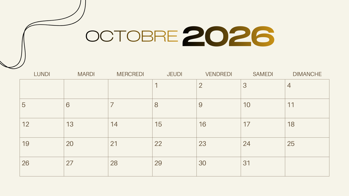 Calendrier 2026 Luxe Or – Élégance, Sérénité & Organisation